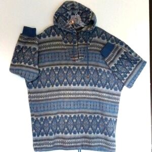 Fair Isle Express French Country Aztec Blues Hoodie Drawstring Size Medium